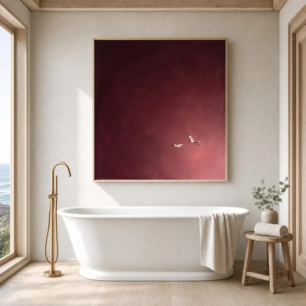 Burgundy Sky Two Birds in Flight Moody Minimalist Oil Poster - Image 5