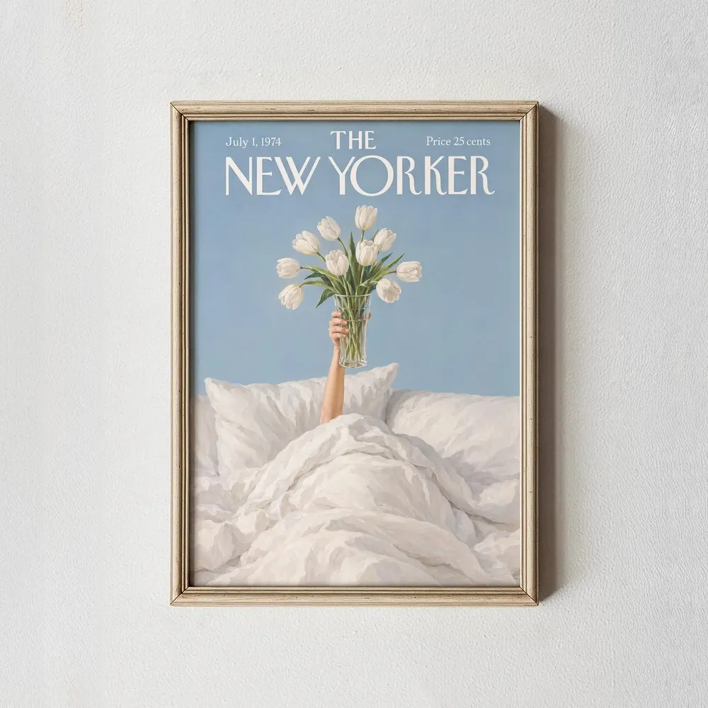 New Yorker Cover White Tulips Bed July 1974 Retro Floral Poster