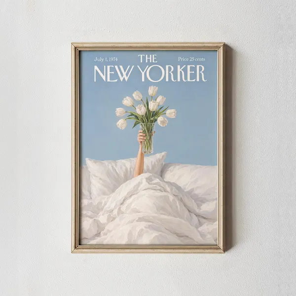 New Yorker Cover White Tulips Bed July 1974 Retro Floral Poster