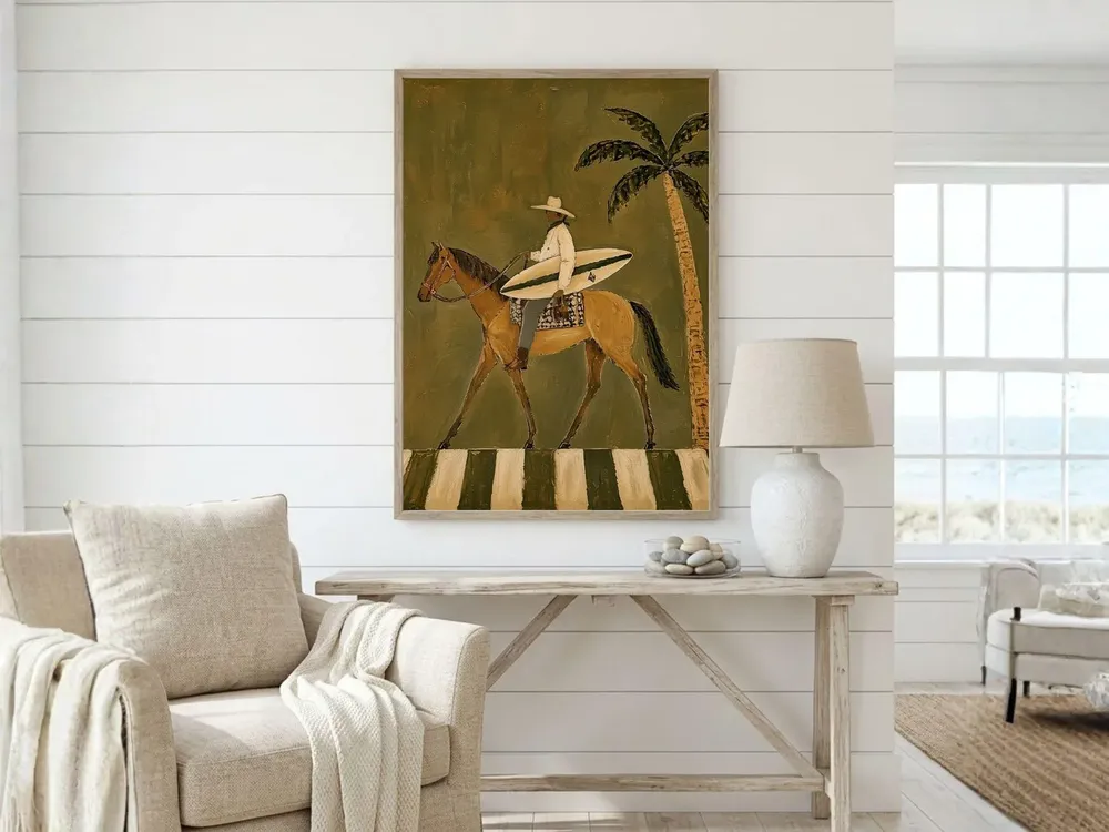 Coastal Cowboy Surfboard Horse Palm Western Sunset Scene Poster - Image 6