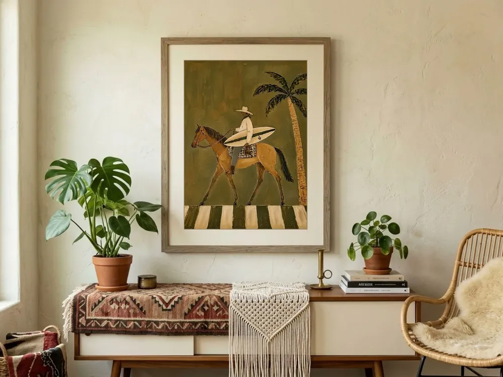 Coastal Cowboy Surfboard Horse Palm Western Sunset Scene Poster - Image 3