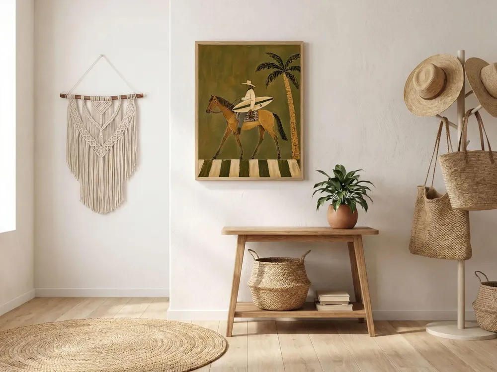 Coastal Cowboy Surfboard Horse Palm Western Sunset Scene Poster - Image 2