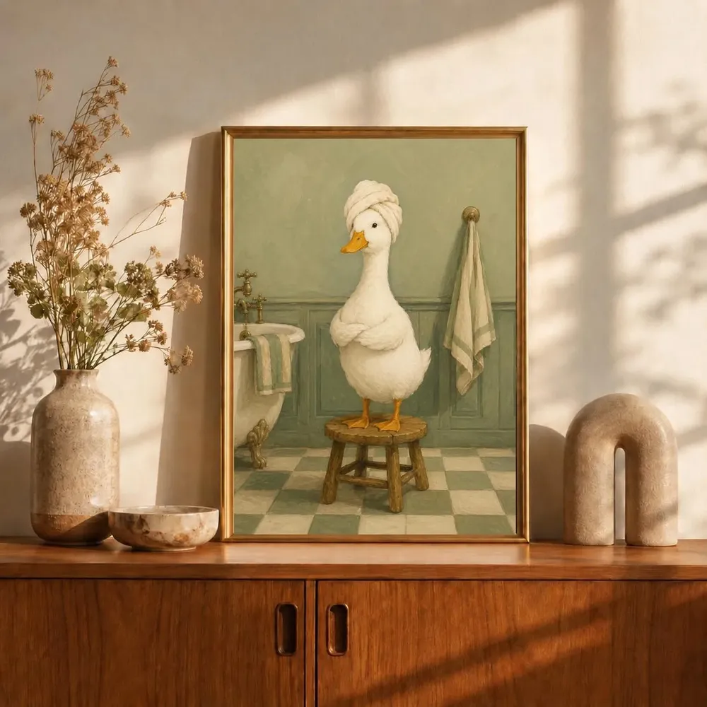 Funny Duck in Towel Turban Sage Green Vintage Bathroom Poster - Image 2