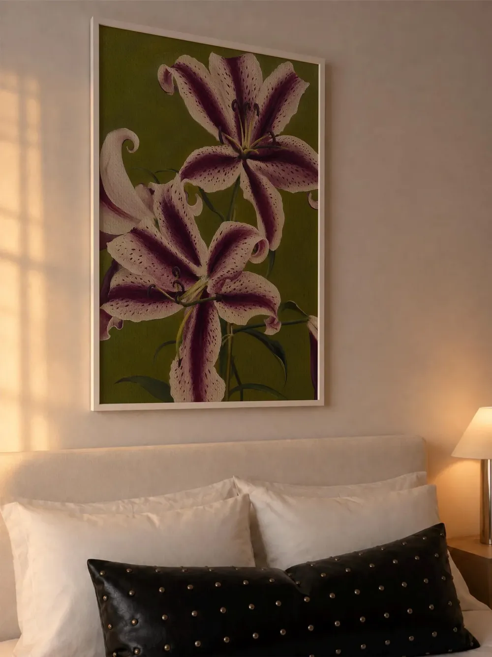 Purple Stargazer Lily Floral Oil Painting on Green Art Poster - Image 2
