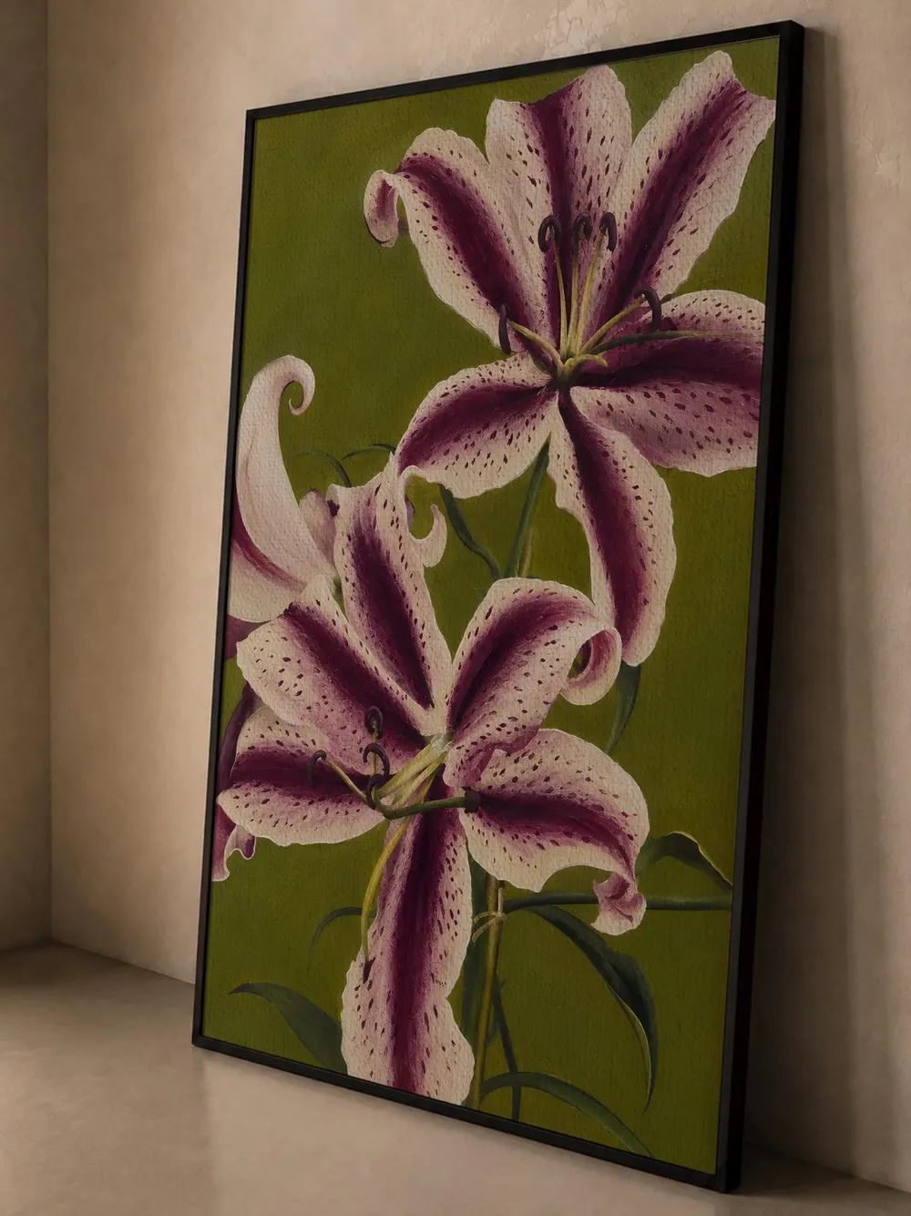 Purple Stargazer Lily Floral Oil Painting on Green Art Poster - Image 3