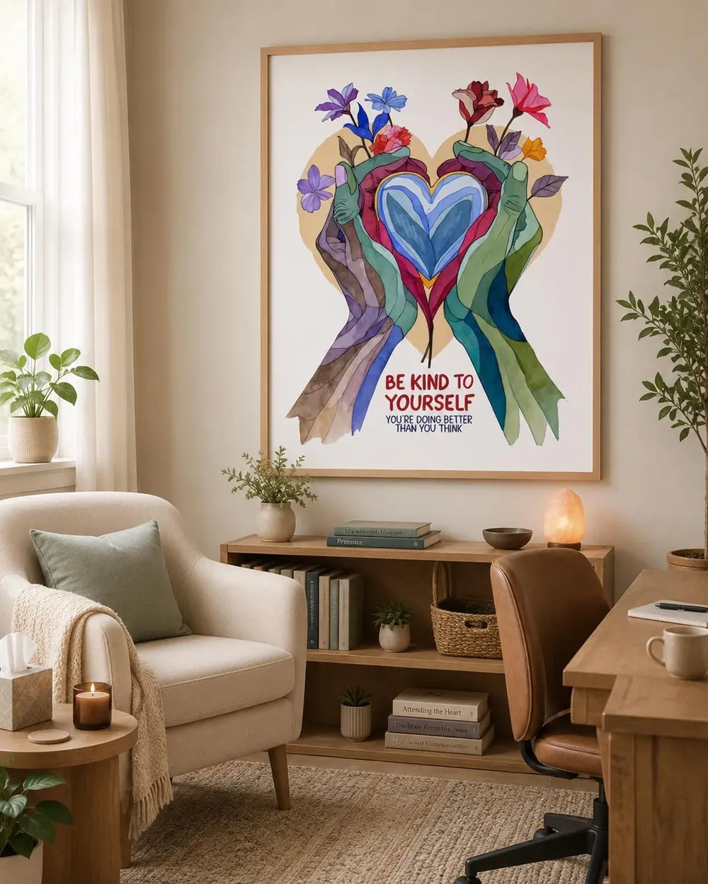 Be Kind to Yourself Watercolor Heart Hands Uplifting Quote Art Poster - Image 5
