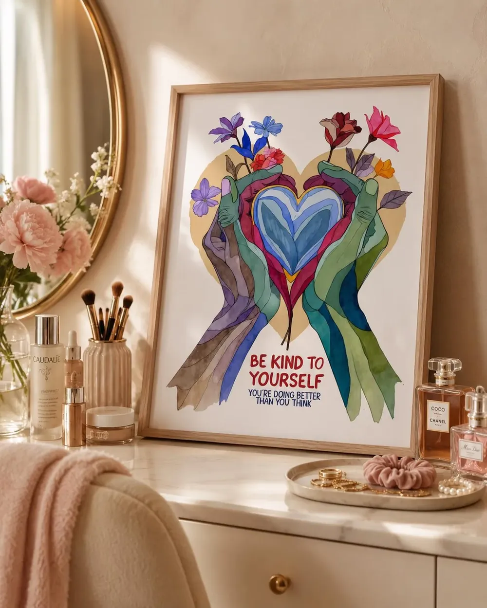 Be Kind to Yourself Watercolor Heart Hands Uplifting Quote Art Poster - Image 2