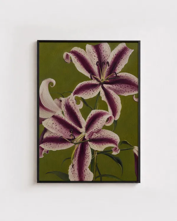 Purple Stargazer Lily Floral Oil Painting on Green Art Poster