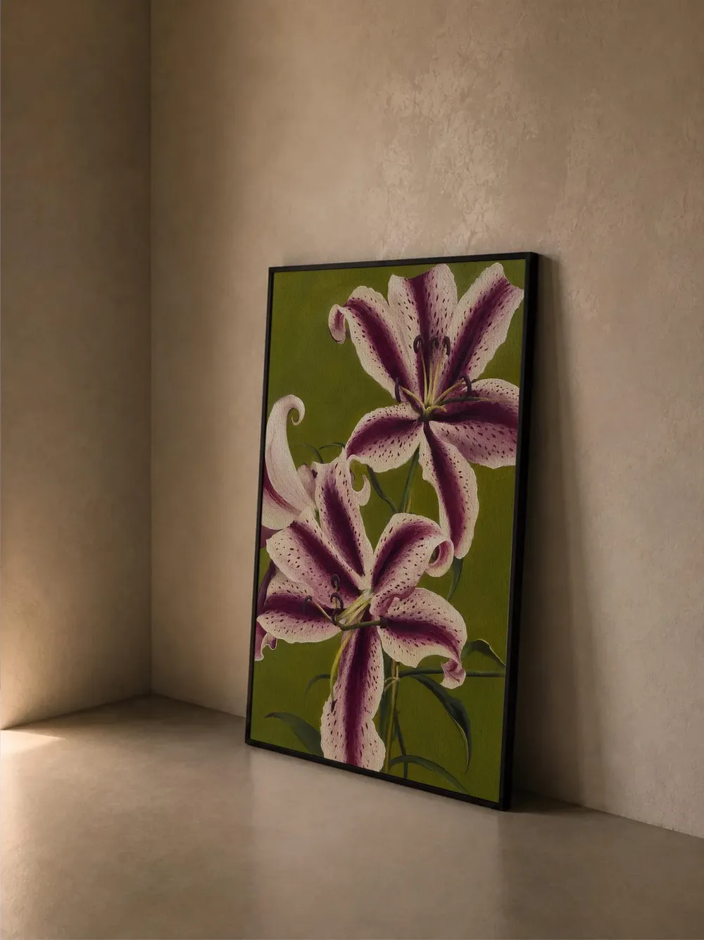 Purple Stargazer Lily Floral Oil Painting on Green Art Poster - Image 4