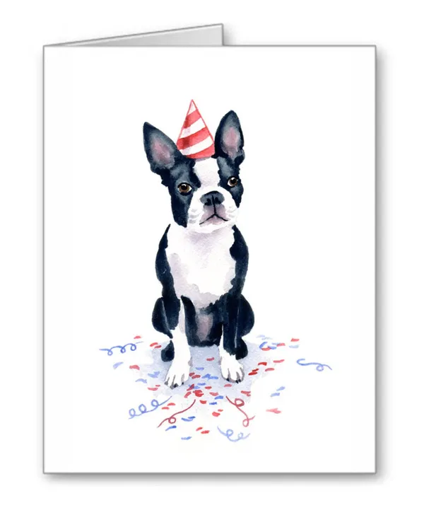 Boston Terrier Watercolor Birthday Note Cards, 6 Pack