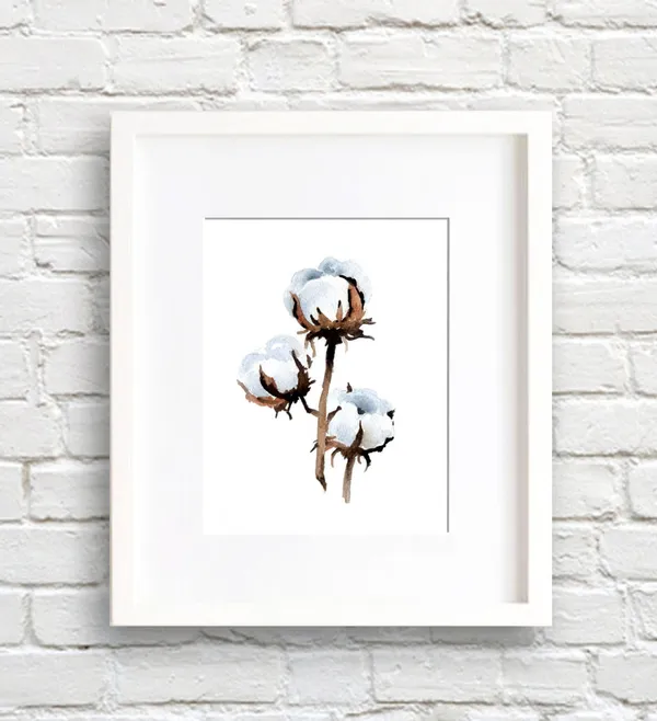 Cotton Watercolor Painting Art Print, Botanical Decor